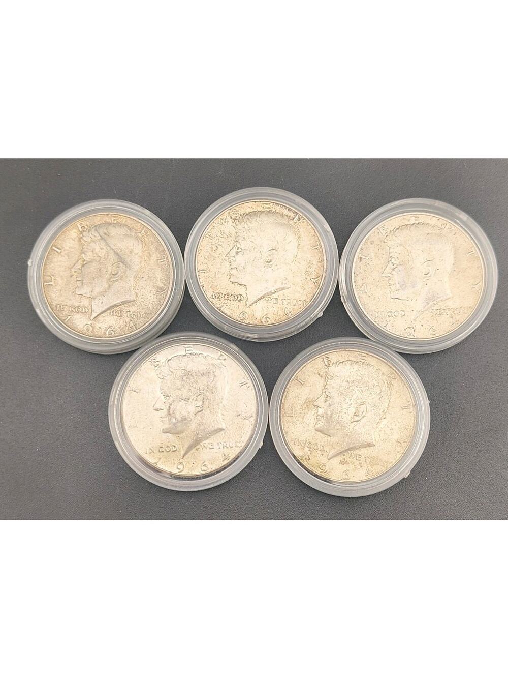 Lot of (5) 1964 Kennedy Silver Half Dollars - 90% Silver Coins In Capsules